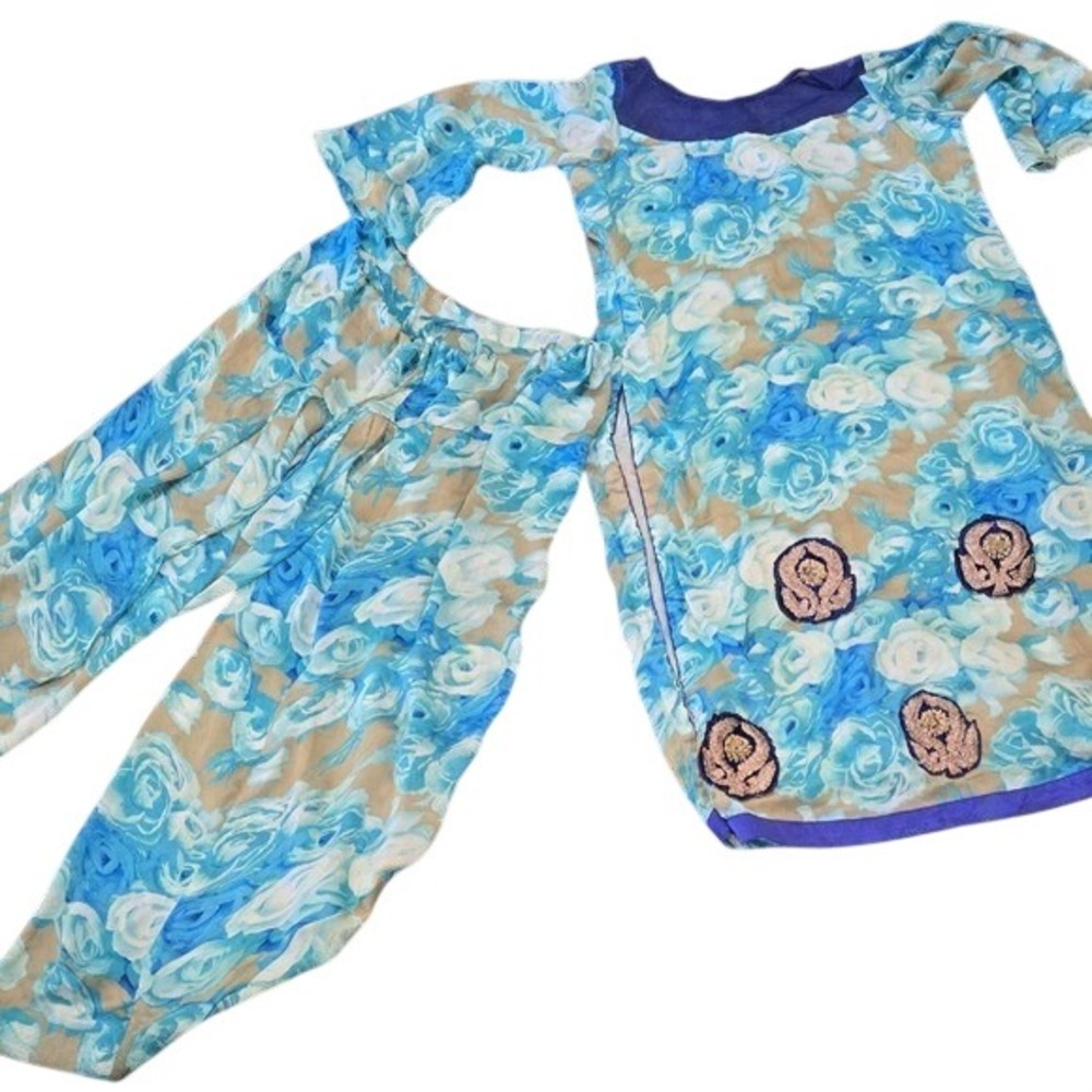 Blue Floral Salwar Kameez Set Embroidered Tunic and Drawstring Pants Traditional